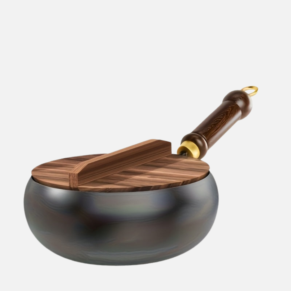 Refined Iron Big Pot Belly Uncoated Pan With Glass or Wooden Lid - Even Heat Frying Kitchen Cookware