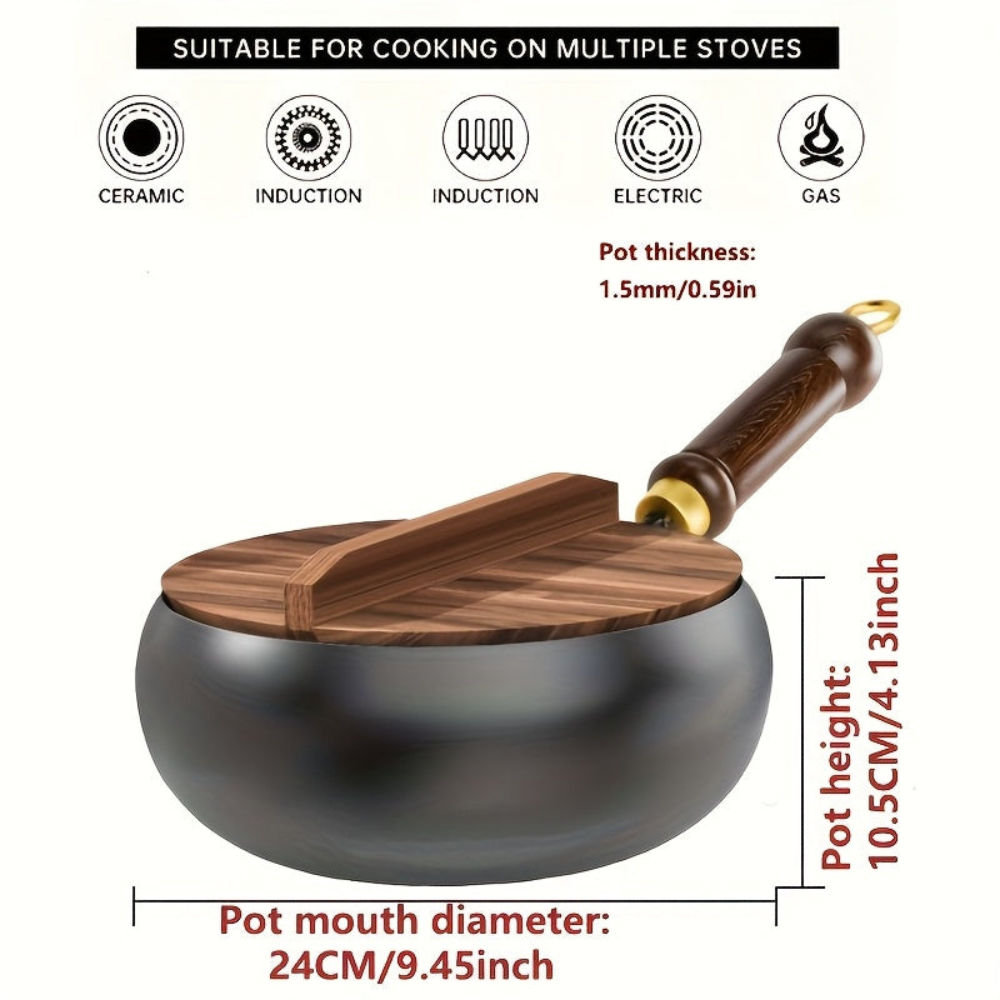 Refined Iron Big Pot Belly Uncoated Pan With Glass or Wooden Lid - Even Heat Frying Kitchen Cookware