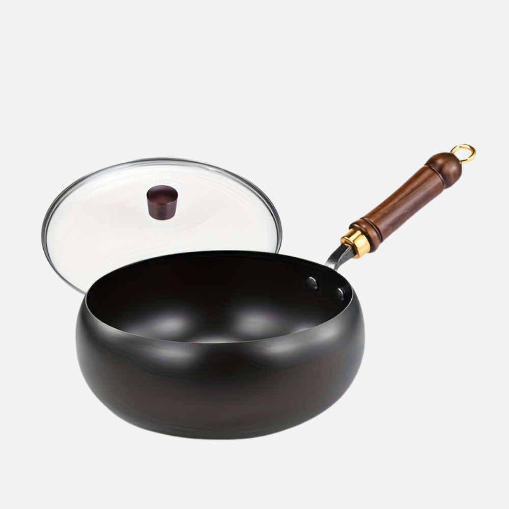 Refined Iron Big Pot Belly Uncoated Pan With Glass or Wooden Lid - Even Heat Frying Kitchen Cookware