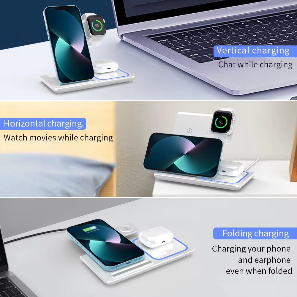 3 in 1 Portable Wireless Charger for Phones, Watches and Earbuds - Foldable Design