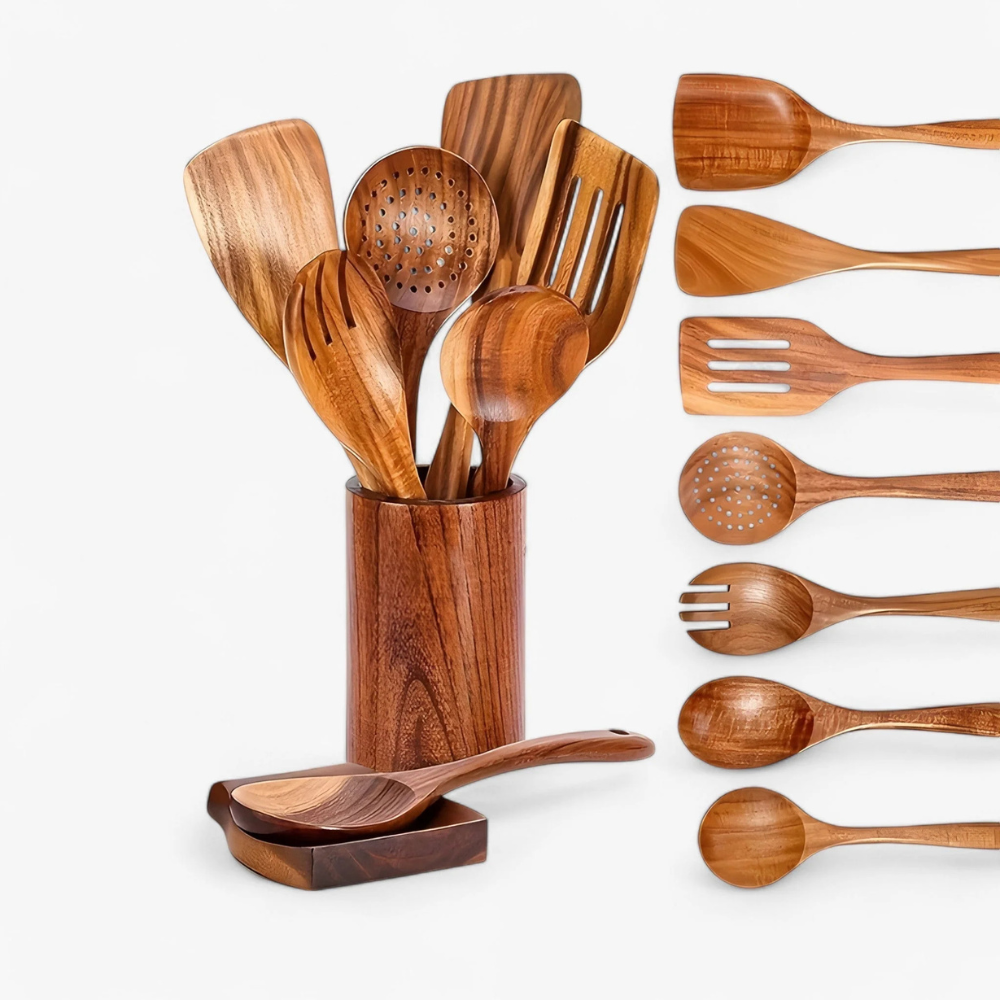 Kitchen Utensils with Holder - 9 Piece Teak Wood Cooking Spoon Set