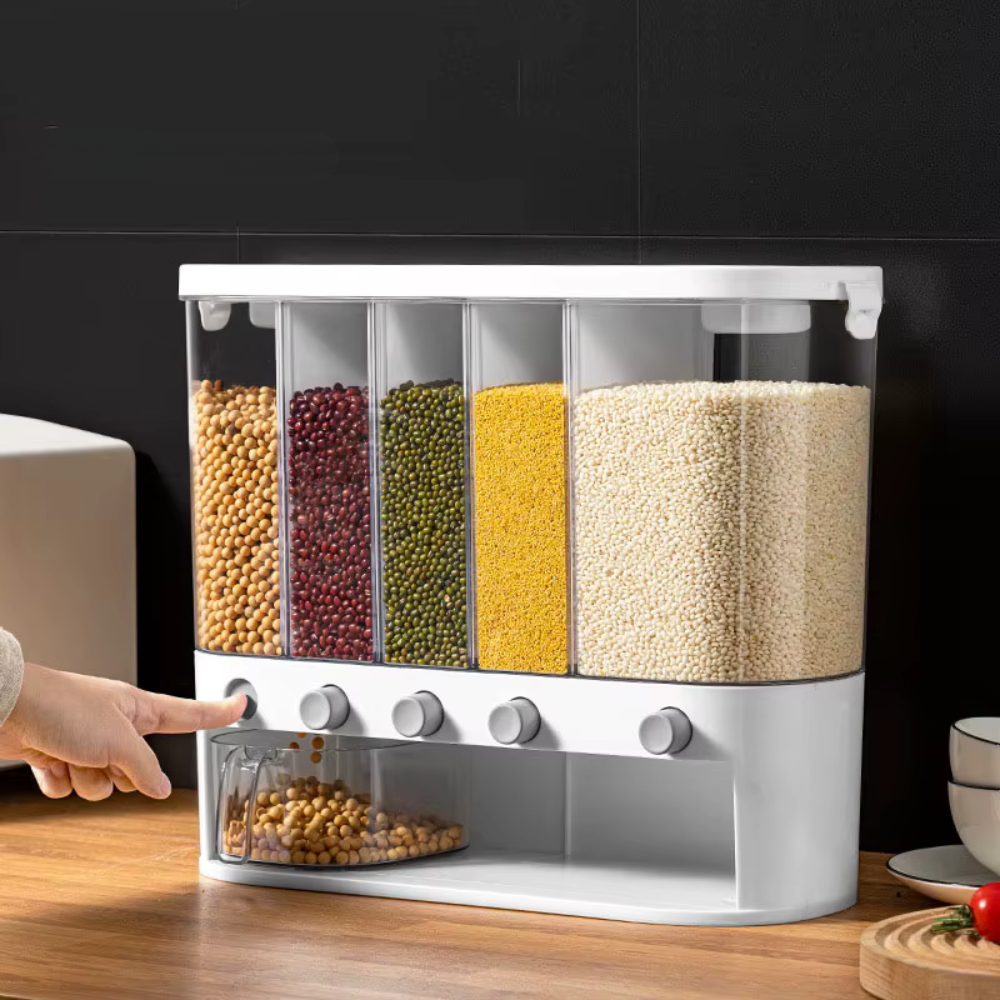Multi-Compartment Airtight Grain Storage Container, Kitchen Dispenser Pantry Organiser