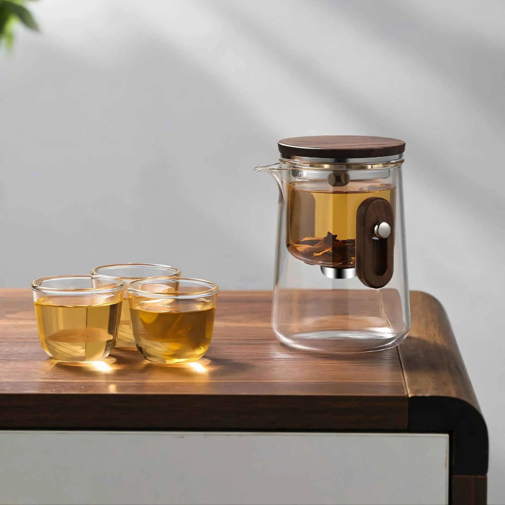 Travel Glass Tea Set, Portable Teapot Kettle With 3 Glass Cups & Travel Case