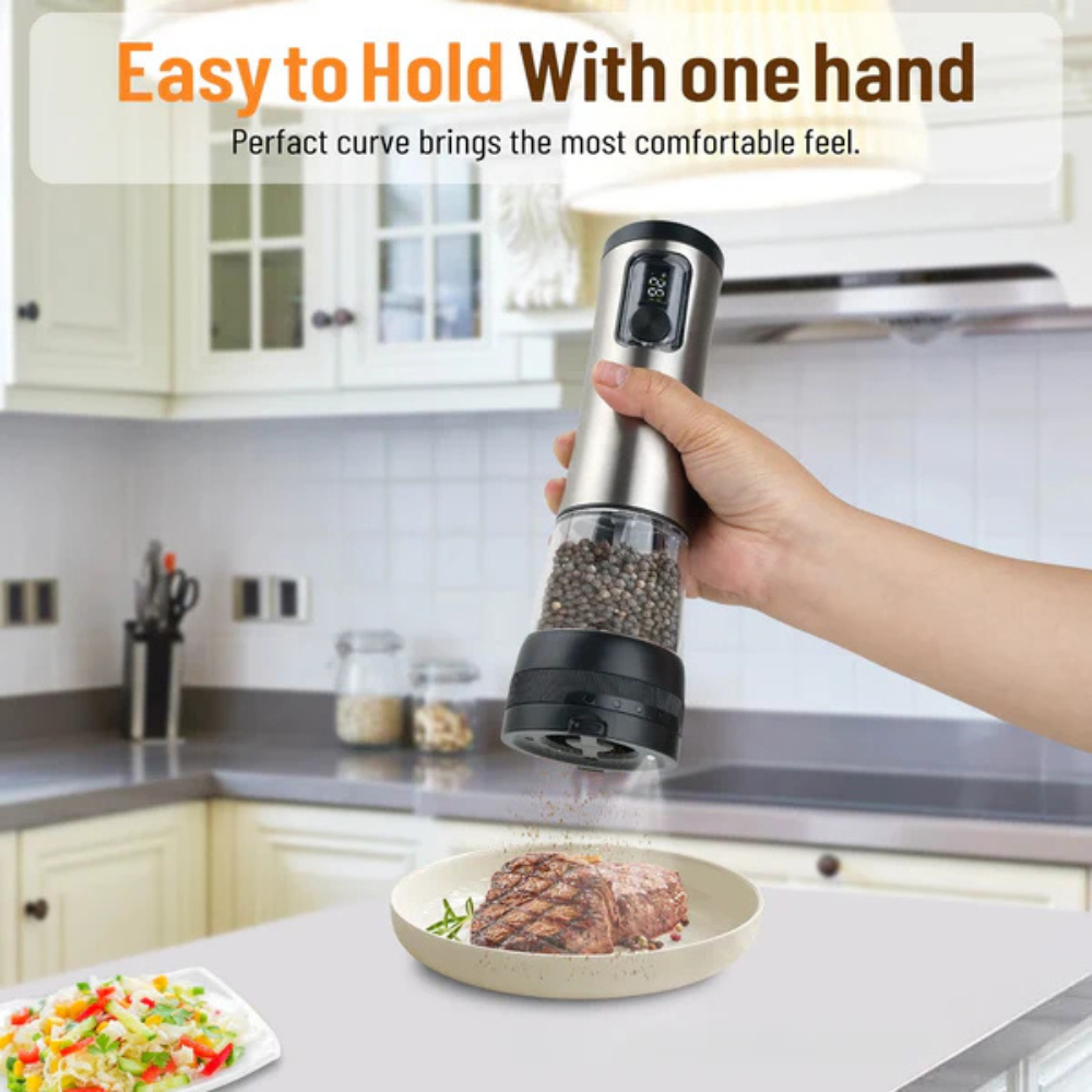 Salt & Pepper Shaker Set with Rechargeable Base and Adjustable Grind