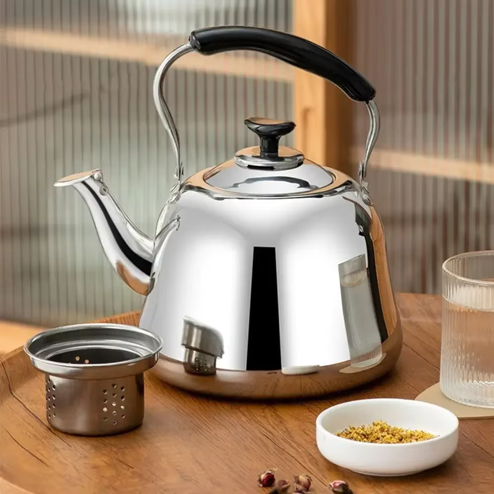 Stainless Steel Whistling Stovetop Teapot, Whistling Large Capacity Tea Kettle With Black Handle