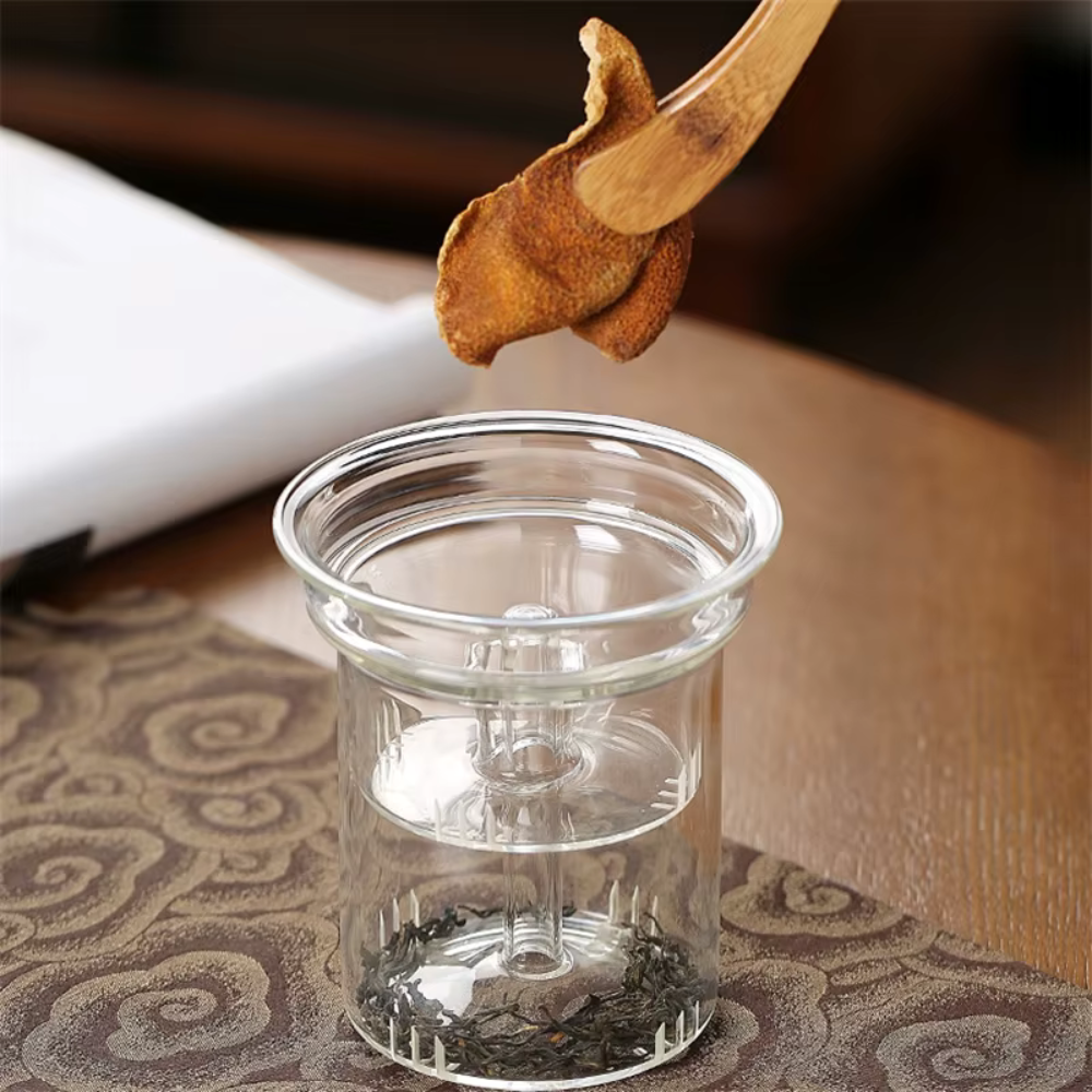 Gray Glass Filtration Teapot, Tea Kettle With Filter, Wooden Handle & Wooden Lid
