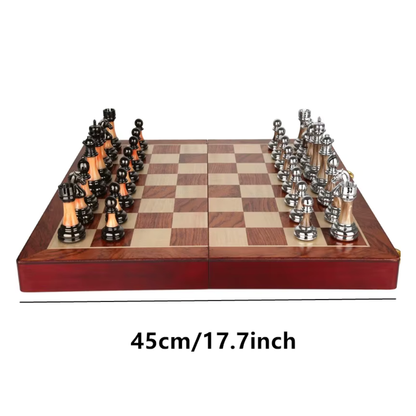 Wooden Chess Board - 45cm Large Foldable Set with Metal Pieces