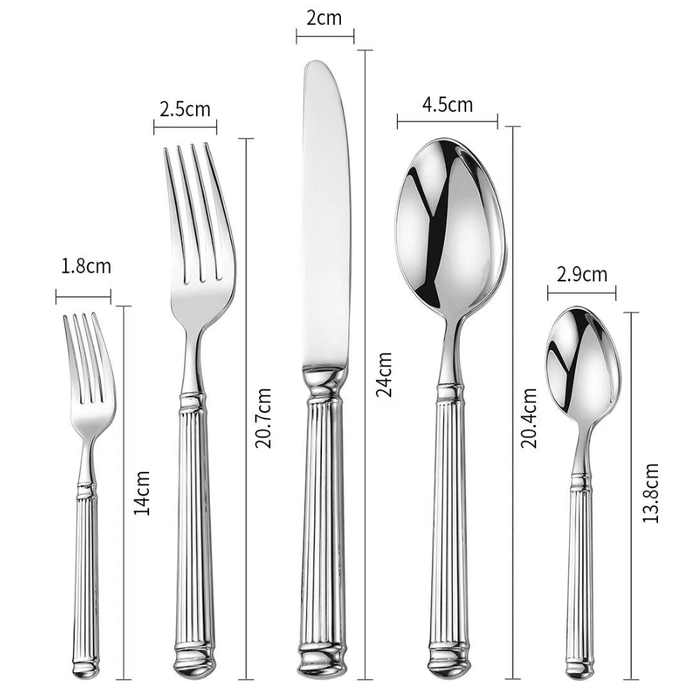 Dimension diagram of the five pieces: dessert fork 14 cm, dinner fork 20.7 cm, dinner knife 24 cm, dinner spoon 20.4 cm and teaspoon 13.8 cm