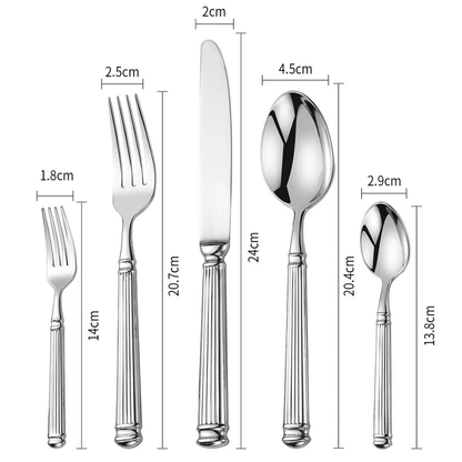 Dimension diagram of the five pieces: dessert fork 14 cm, dinner fork 20.7 cm, dinner knife 24 cm, dinner spoon 20.4 cm and teaspoon 13.8 cm
