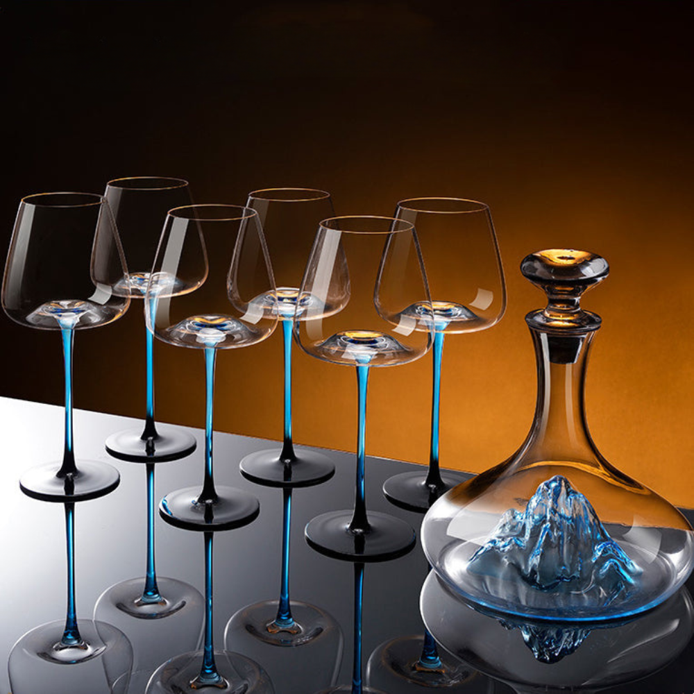 Blue Mountain Glass Wine Decanter With Blue Stem Burgundy Wine Glass Set