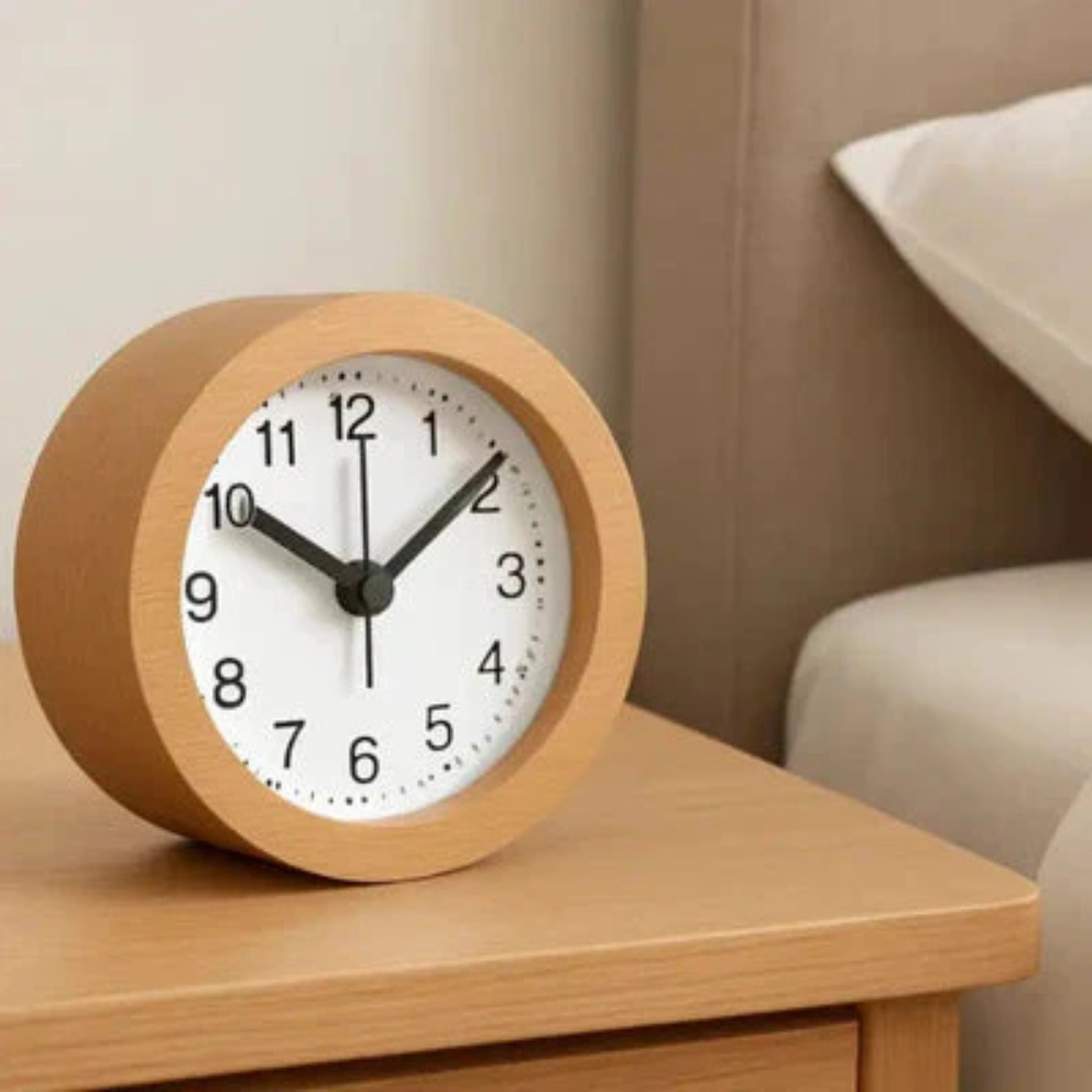 Analog Alarm Clock with Silent Quartz Movement and Solid Beech Wood Frame