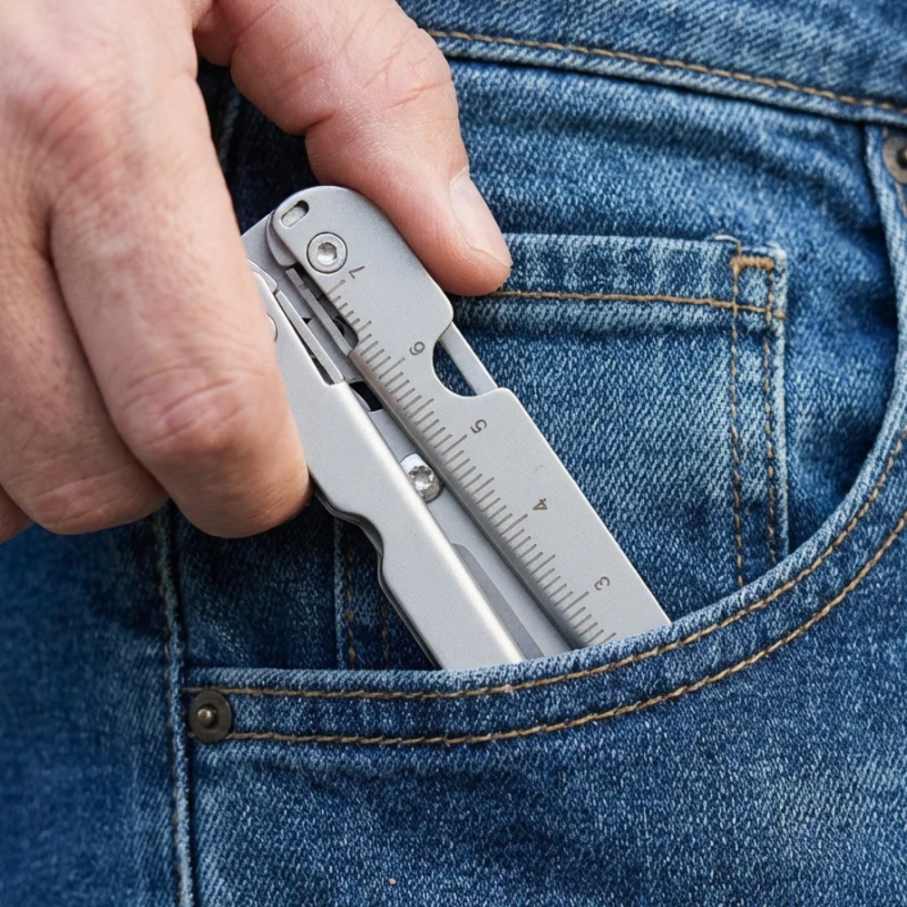 The scissors folded flat and sliding into a jeans pocket, the etched ruler scale visible along the handle.