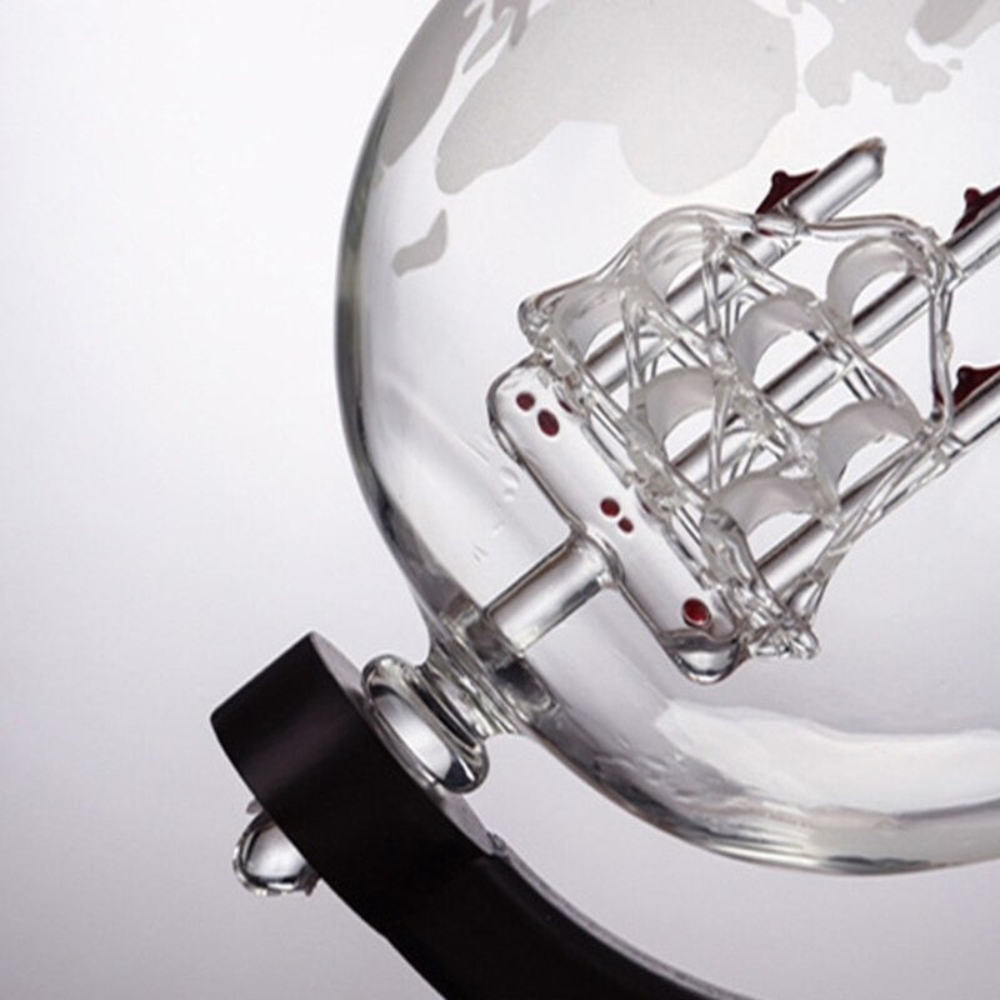 Golden Globe Glass Decanter With Glass Ship Inside - Wooden Stand