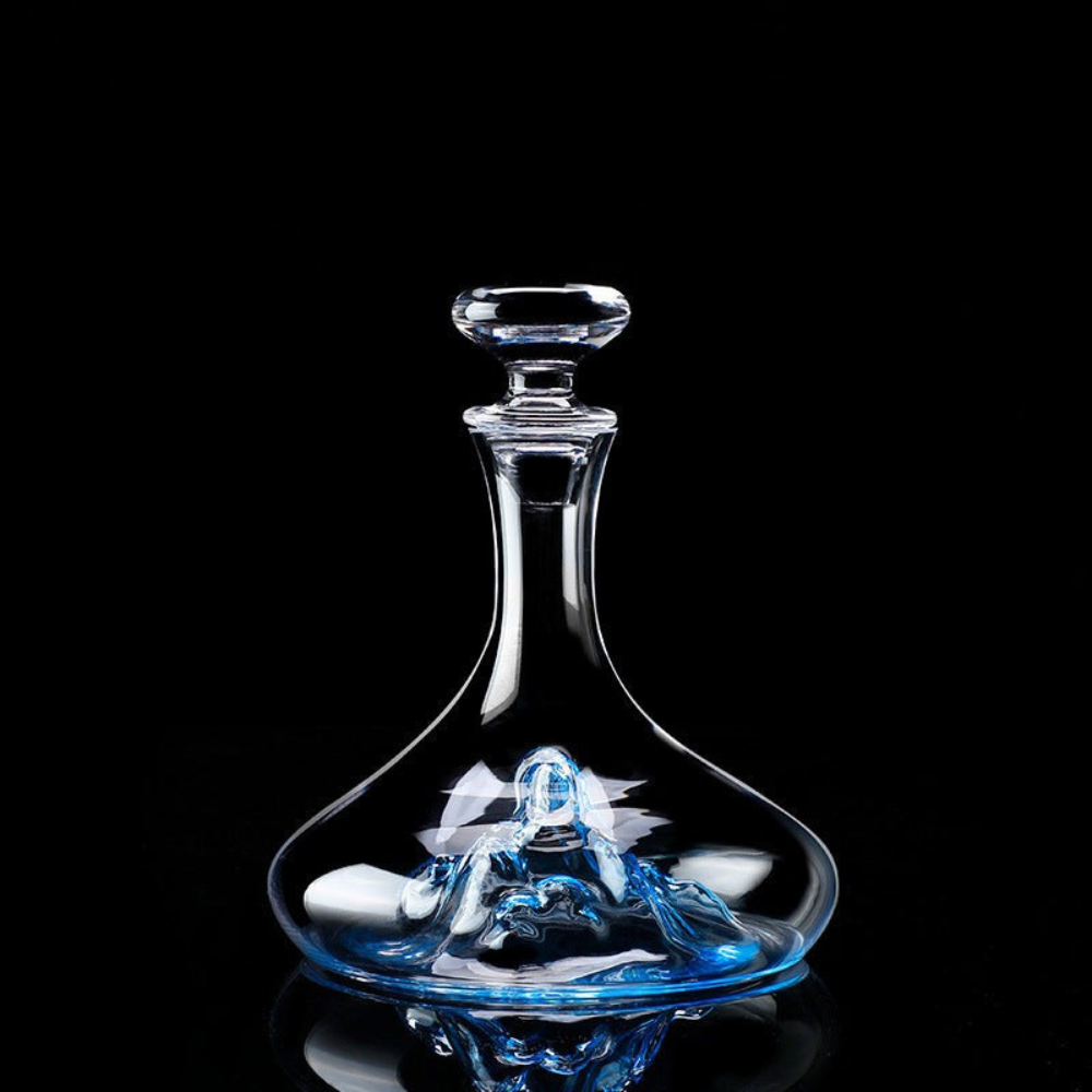 Blue Mountain Glass Wine Decanter With Blue Stem Burgundy Wine Glass Set