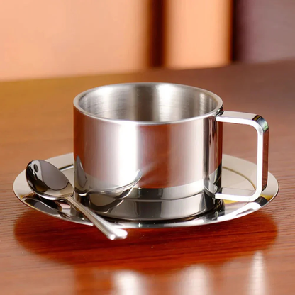 Stainless Steel Coffee Mug Set Double Wall Insulated Cup with Saucer and Spoon
