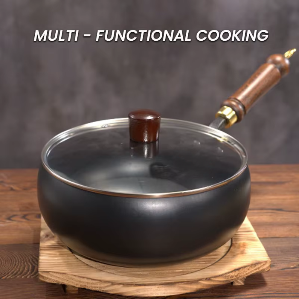 Refined Iron Big Pot Belly Uncoated Pan With Glass or Wooden Lid - Even Heat Frying Kitchen Cookware