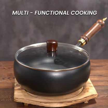 Refined Iron Big Pot Belly Uncoated Pan With Glass or Wooden Lid - Even Heat Frying Kitchen Cookware