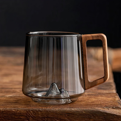 Shadow Glass Tea & Coffee Cup With Rustic Wooden Handle