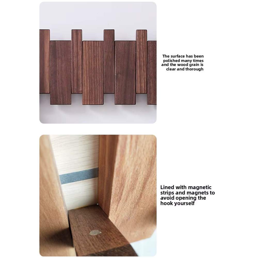 Wooden Folding Wall Coat & Hat Rack With Magnetic Hooks - Multiple Size Racks From 4 Hooks To 8 Hooks