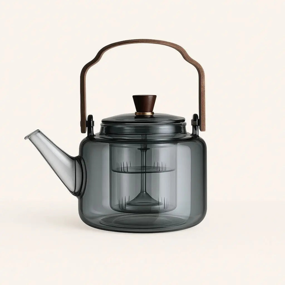 High Borosilicate Glass Brew Teapot Kettle With Wide Wooden Handle - Boiling Water Tea Infuser Kettle