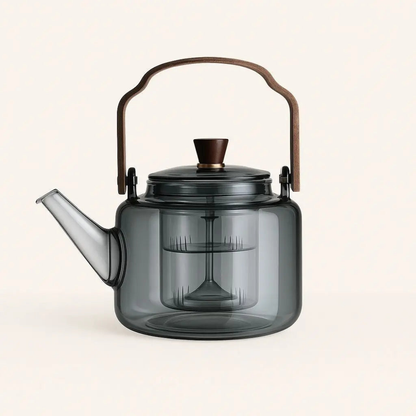 High Borosilicate Glass Brew Teapot Kettle With Wide Wooden Handle - Boiling Water Tea Infuser Kettle