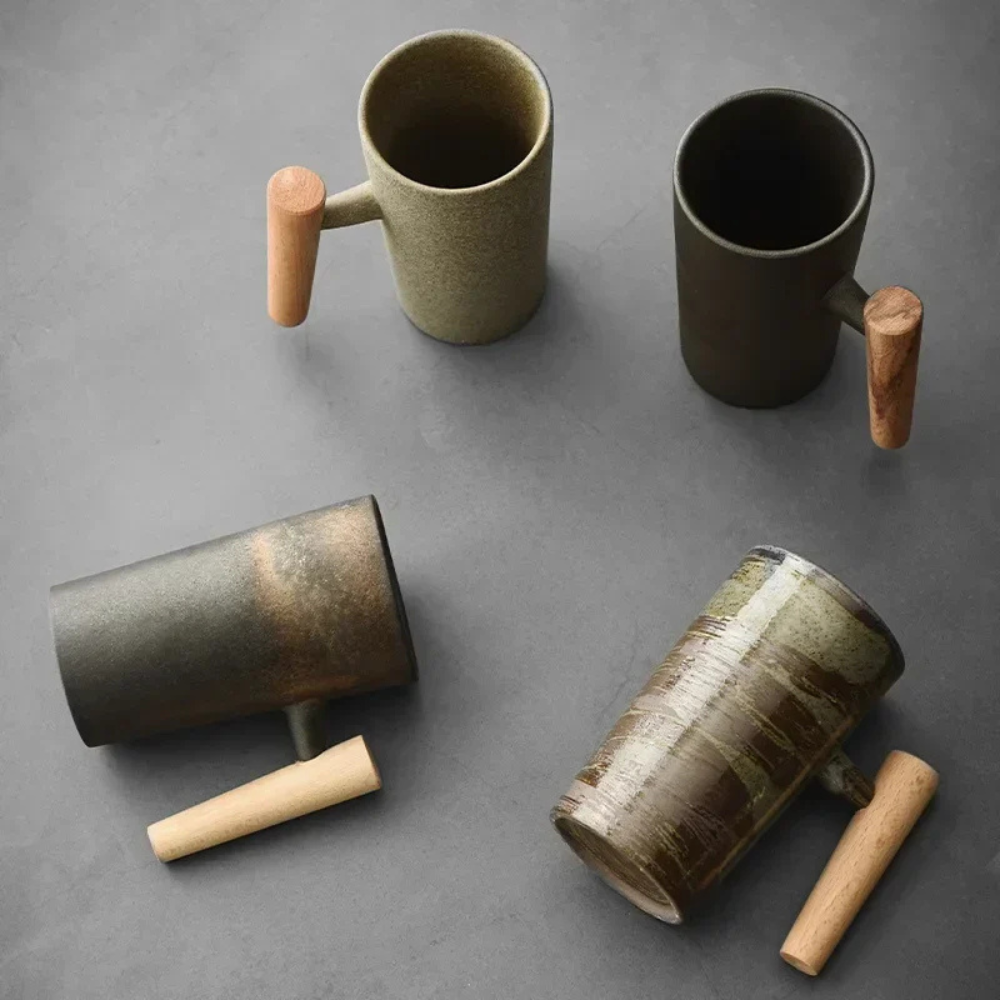Ceramic Coffee Cup with Natural Wooden Handle - Japanese Style Mug