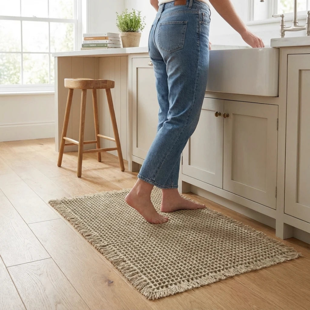 Beige waffle weave bath mat with fringed ends on pale oak flooring in a cream shaker kitchen, someone standing barefoot on it at the sink beside an oak stool