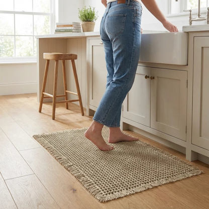 Beige waffle weave bath mat with fringed ends on pale oak flooring in a cream shaker kitchen, someone standing barefoot on it at the sink beside an oak stool
