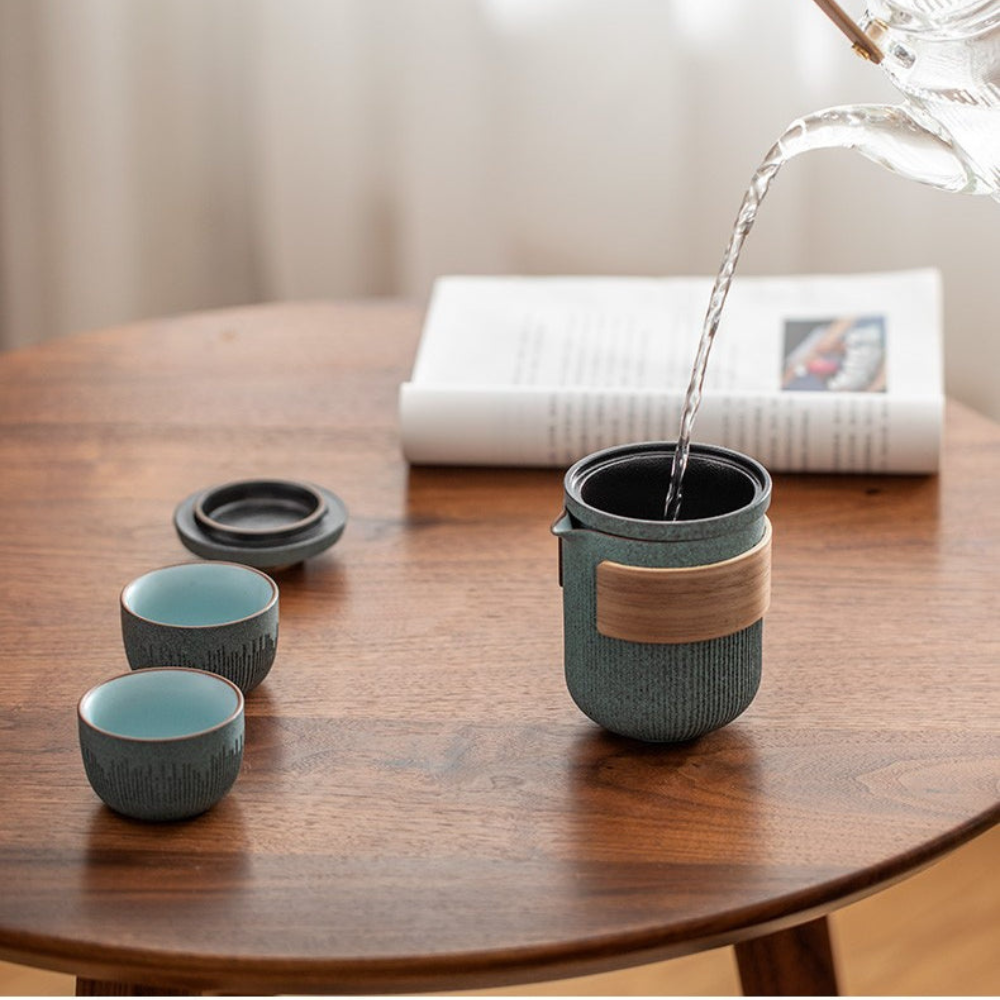 Portable Tea Set For Travel, Bluestone Glazed Style Set