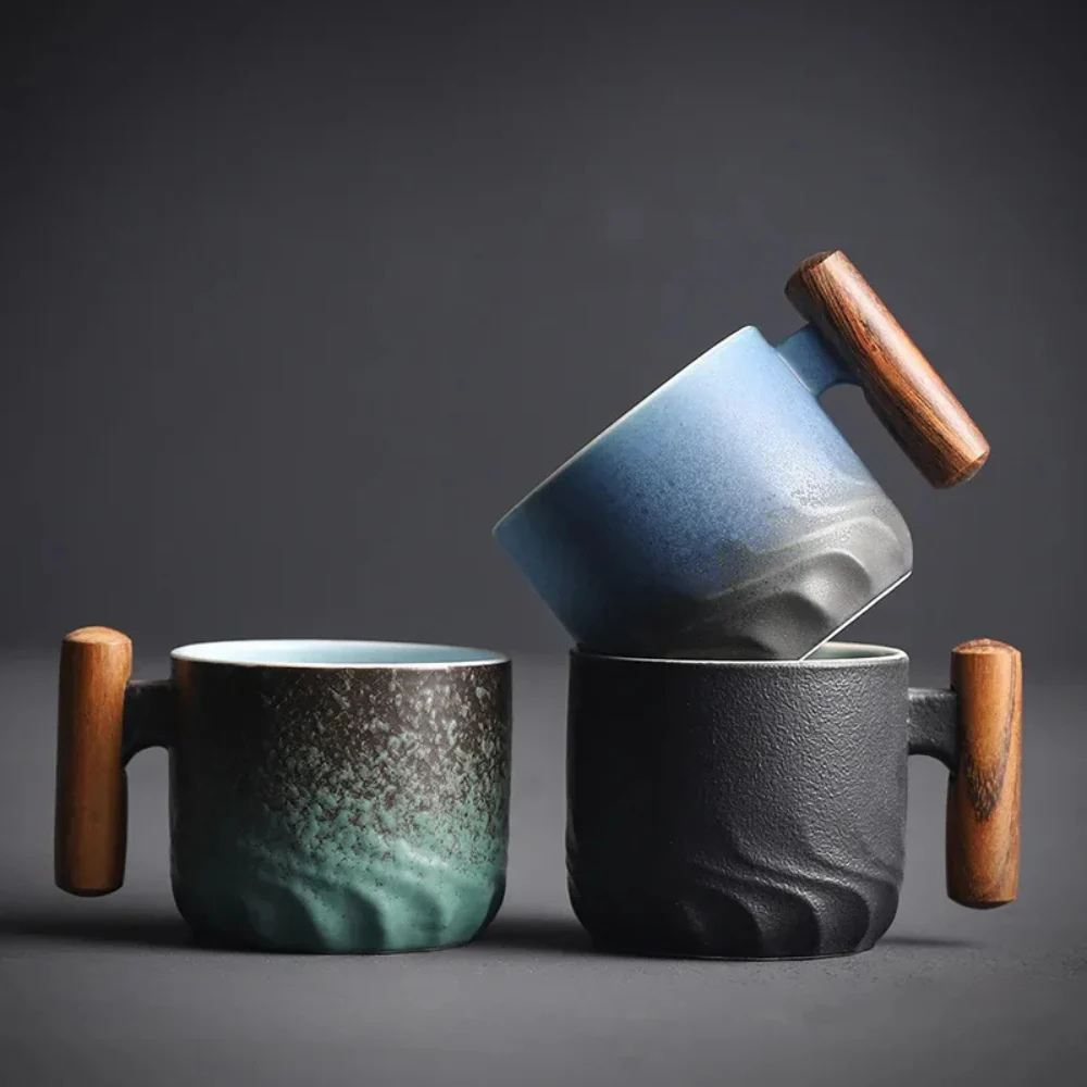 Retro Double Espresso Ceramic Cups with Wooden Handle