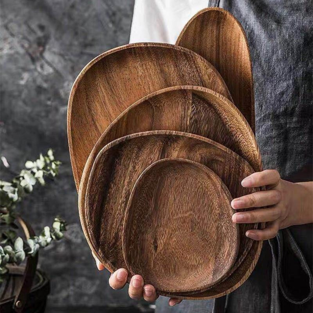 Acacia Wood Serving Tray - Raised Edge Wooden Tray