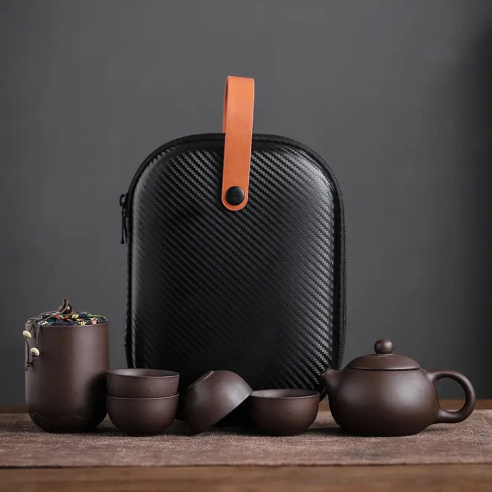 Clay Travel Tea Set With Portable Travel Case - 4 Cups, Tea Jar, Teapot