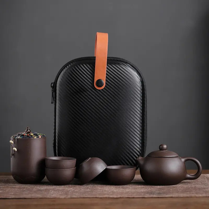 Clay Travel Tea Set With Portable Travel Case - 4 Cups, Tea Jar, Teapot