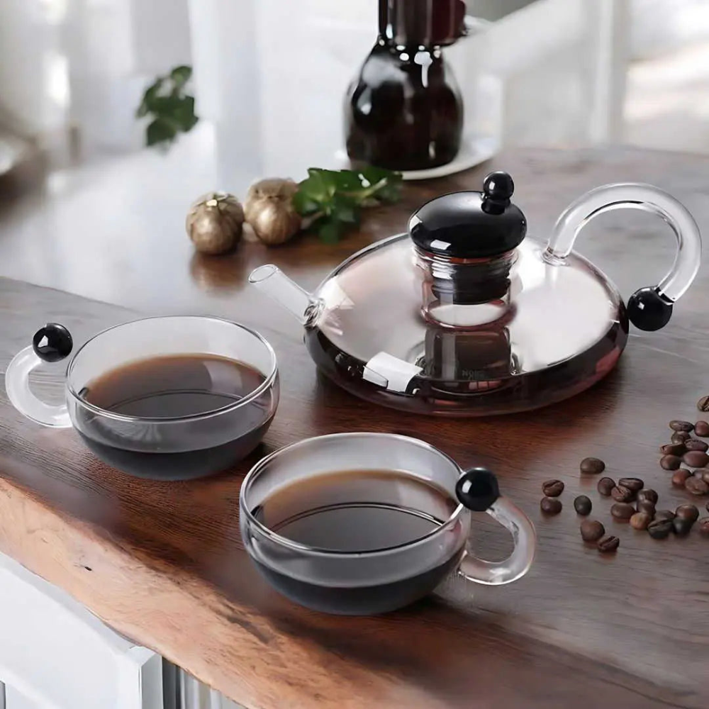 Glass Teapot Kettle WIth Filter & Tea Cups Matching Set