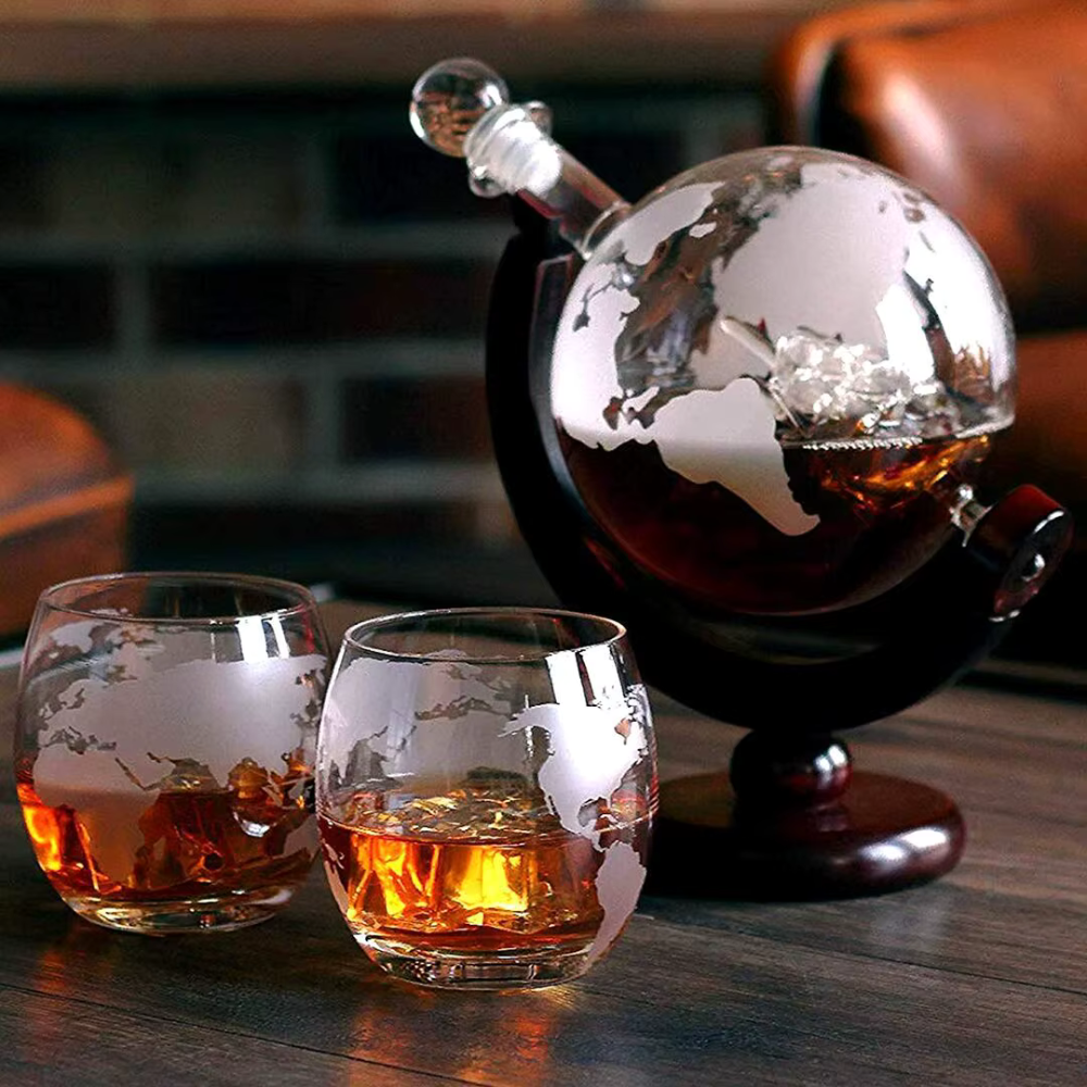 Golden Globe Glass Decanter With Glass Ship Inside - Wooden Stand