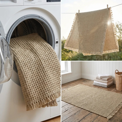 Beige waffle weave bath mat being lifted out of an open front loading washing machine in a utility room, a second mat lying on the concrete floor below