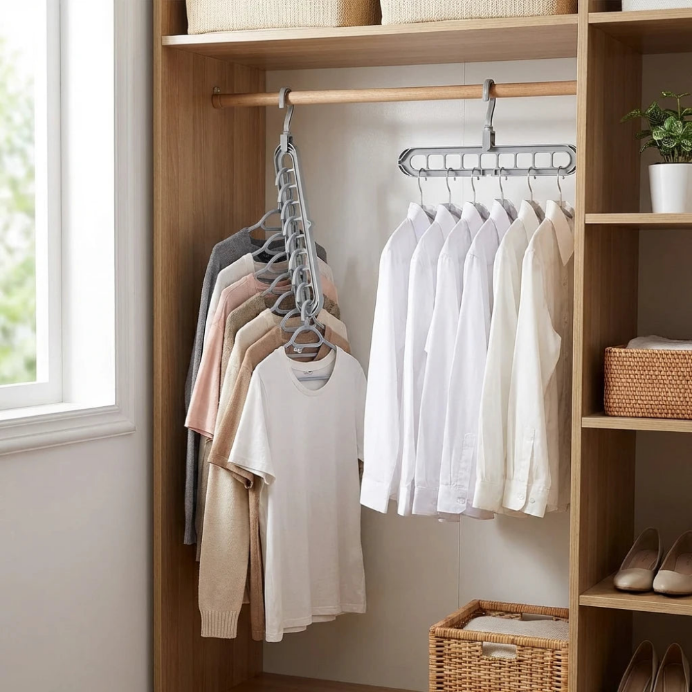 Two gray nine-slot hangers in a fitted oak wardrobe, the left one turned vertical with garments stacked down it and the right one hanging level with shirts side by side