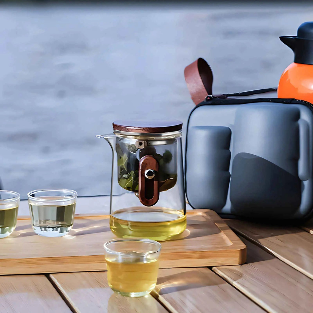 Travel Glass Tea Set, Portable Teapot Kettle With 3 Glass Cups & Travel Case