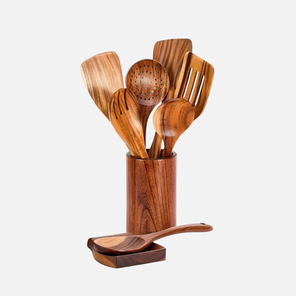 Kitchen Utensils with Holder - 9 Piece Teak Wood Cooking Spoon Set