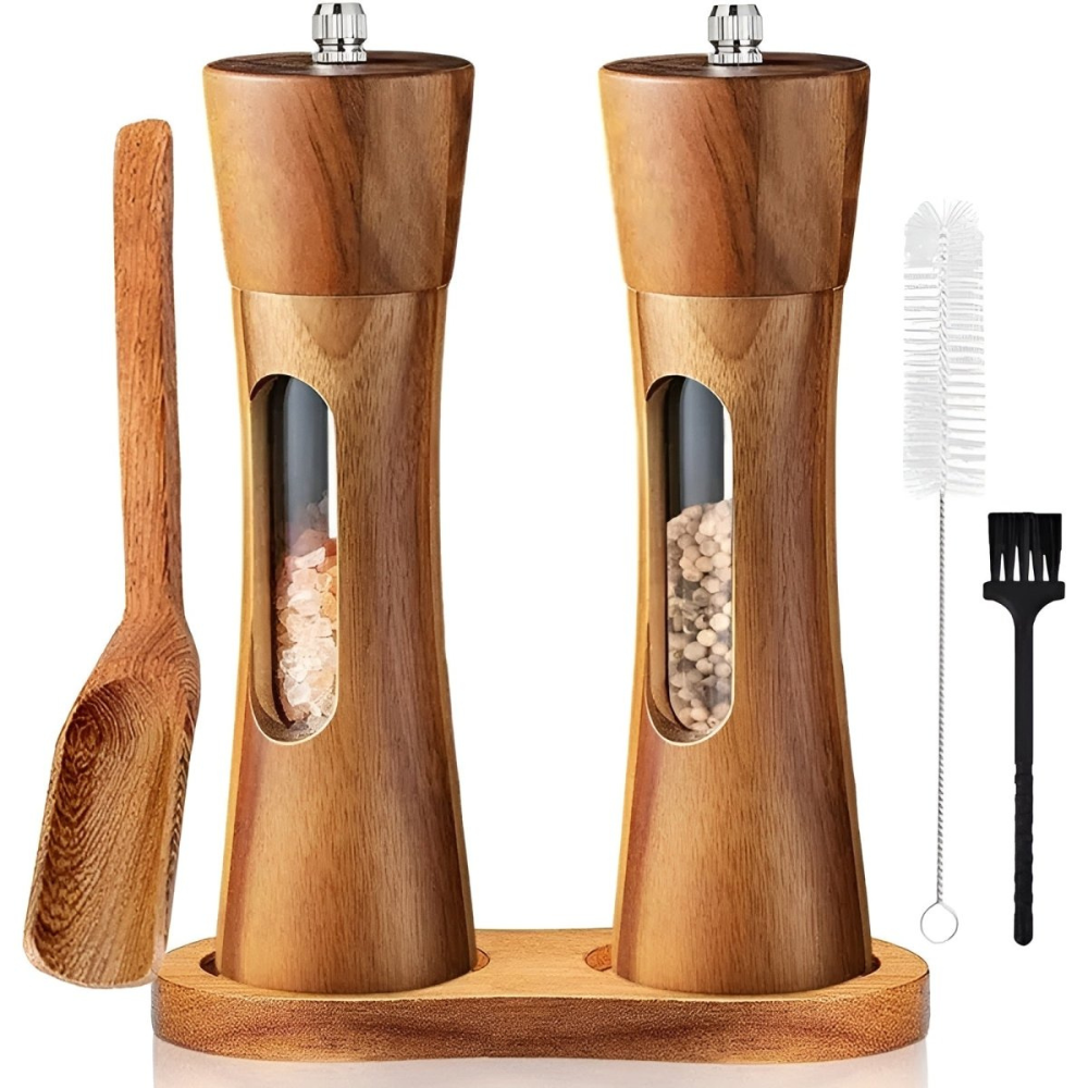 Salt & Pepper Shaker Manual Wooden Mill Set with Adjustable Ceramic Grinder