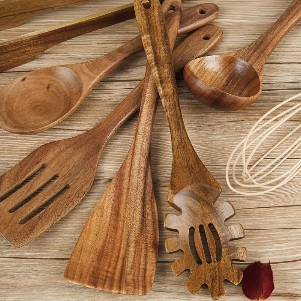 Wooden Utensil Kitchen Set, Complete Teak Set With 7pcs Or 10pcs