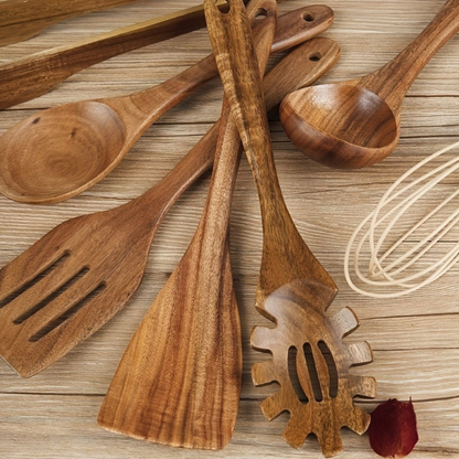 Wooden Utensil Kitchen Set, Complete Teak Set With 7pcs Or 10pcs