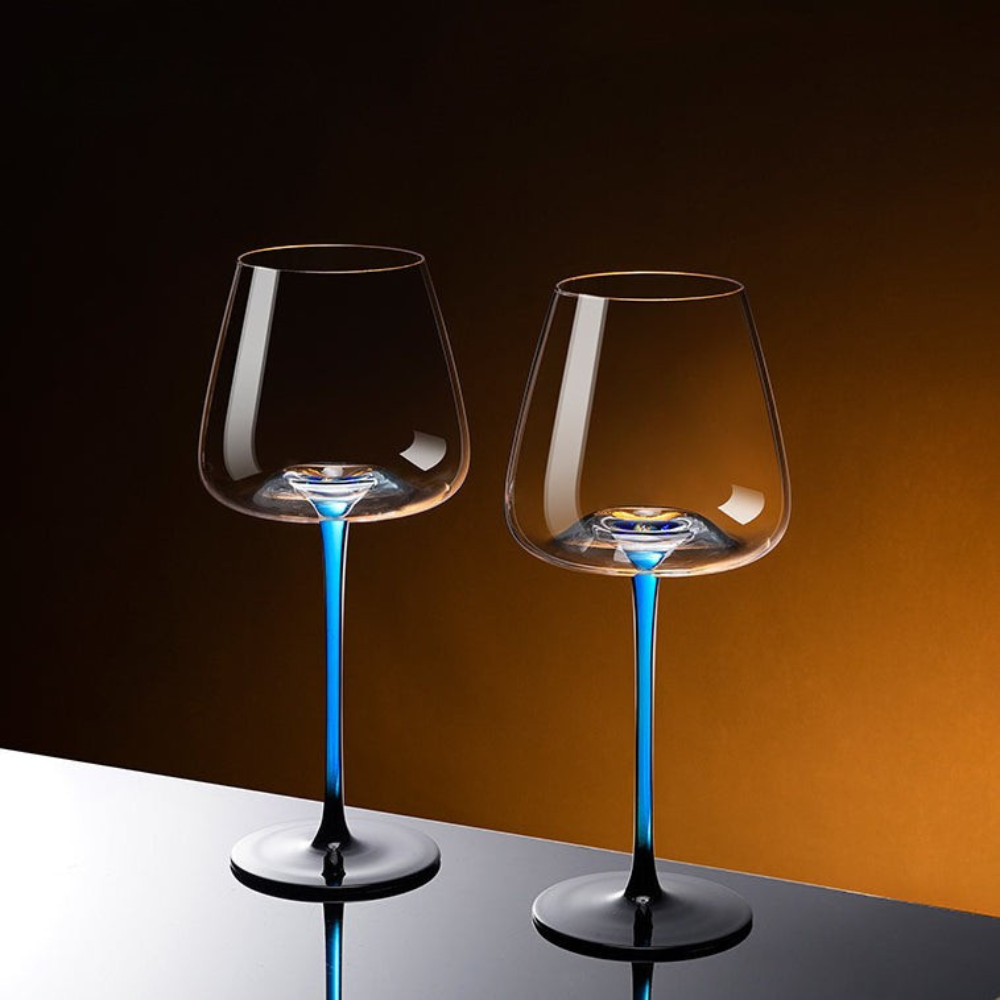 Blue Mountain Glass Wine Decanter With Blue Stem Burgundy Wine Glass Set