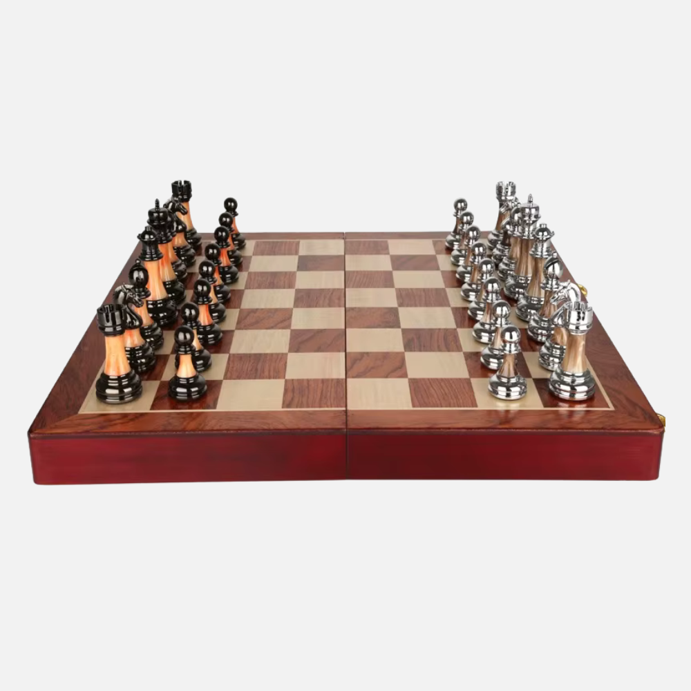 Wooden Chess Board - 45cm Large Foldable Set with Metal Pieces