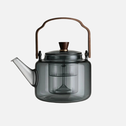 High Borosilicate Glass Brew Teapot Kettle With Wide Wooden Handle - Boiling Water Tea Infuser Kettle