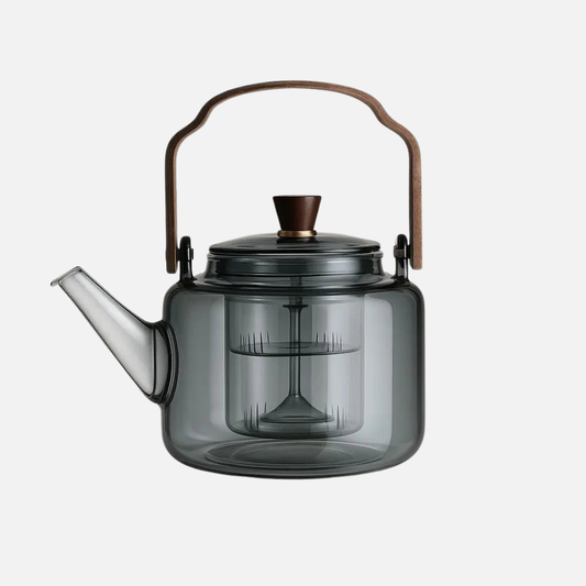 High Borosilicate Glass Brew Teapot Kettle With Wide Wooden Handle - Boiling Water Tea Infuser Kettle