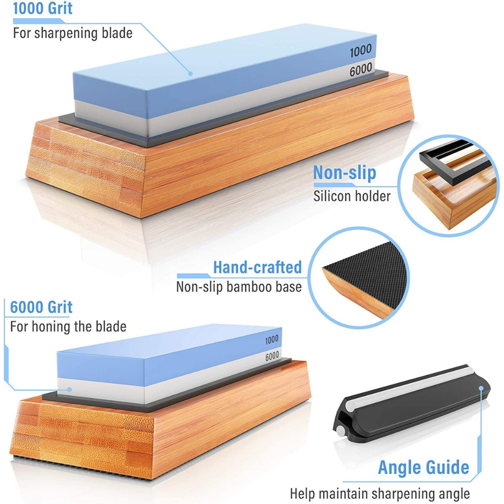 Dual Sided Whetstone Kitchen Knife Sharpening Stone Set - 2 Side Grit 1000/6000 With Bamboo Base