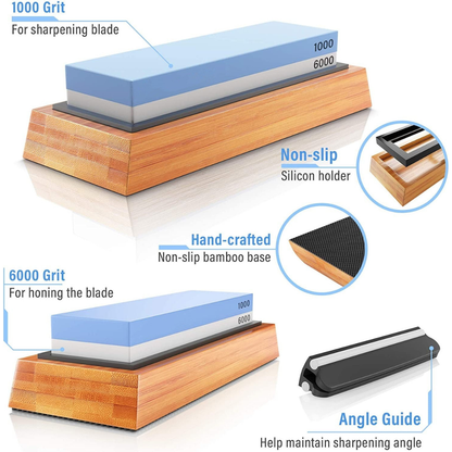 Dual Sided Whetstone Kitchen Knife Sharpening Stone Set - 2 Side Grit 1000/6000 With Bamboo Base