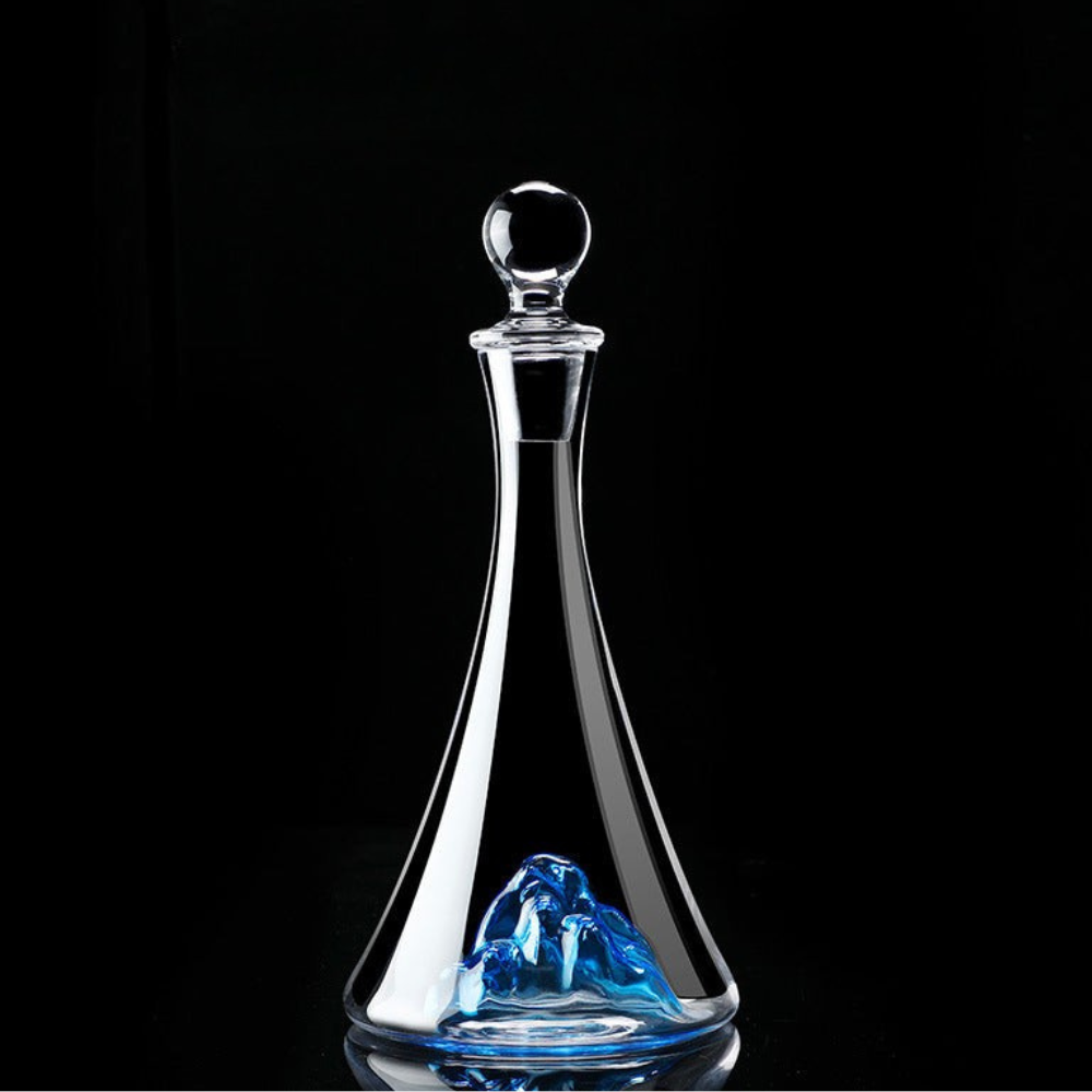 Blue Mountain Glass Wine Decanter With Blue Stem Burgundy Wine Glass Set