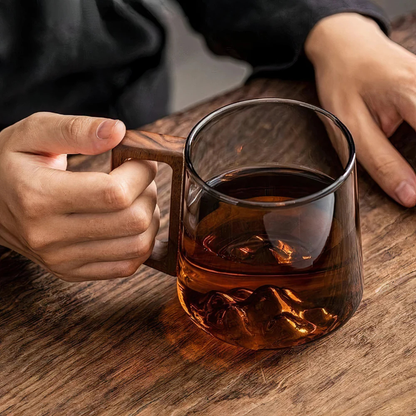 Shadow Glass Tea & Coffee Cup With Rustic Wooden Handle
